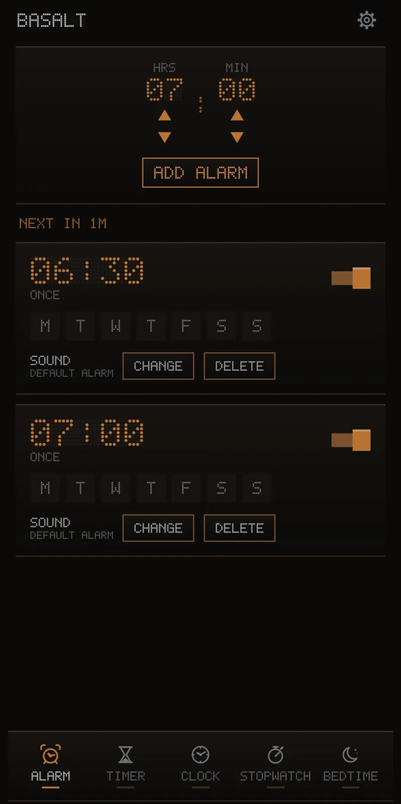 The alarm list with a stepper at the top, repeat days and per-alarm sound