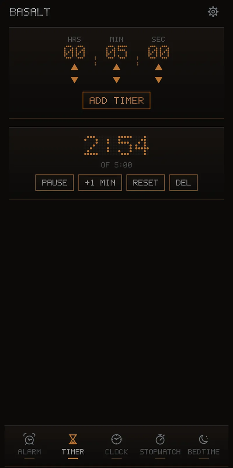 A timer counting down from five minutes with pause, add-a-minute and reset