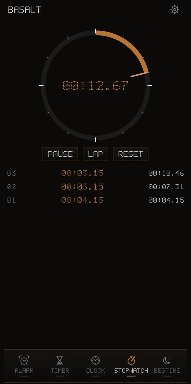 A brass gauge sweeping the minute, with three laps listed as split and total