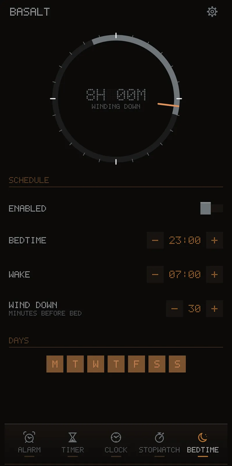 The night drawn as an arc across a 24-hour dial, with bedtime and wake steppers