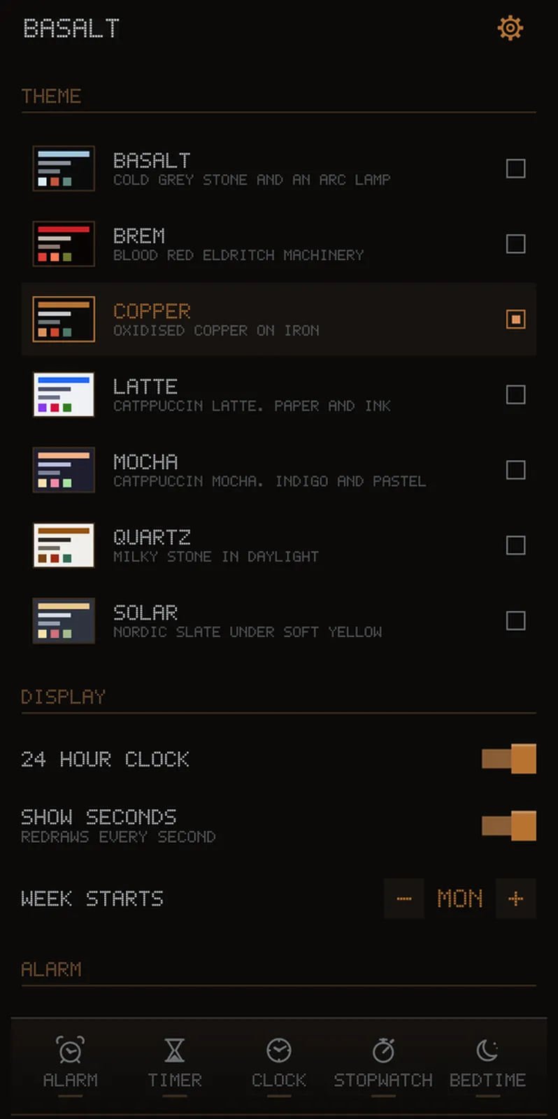 Settings showing the seven theme swatches, each drawn in its own colours