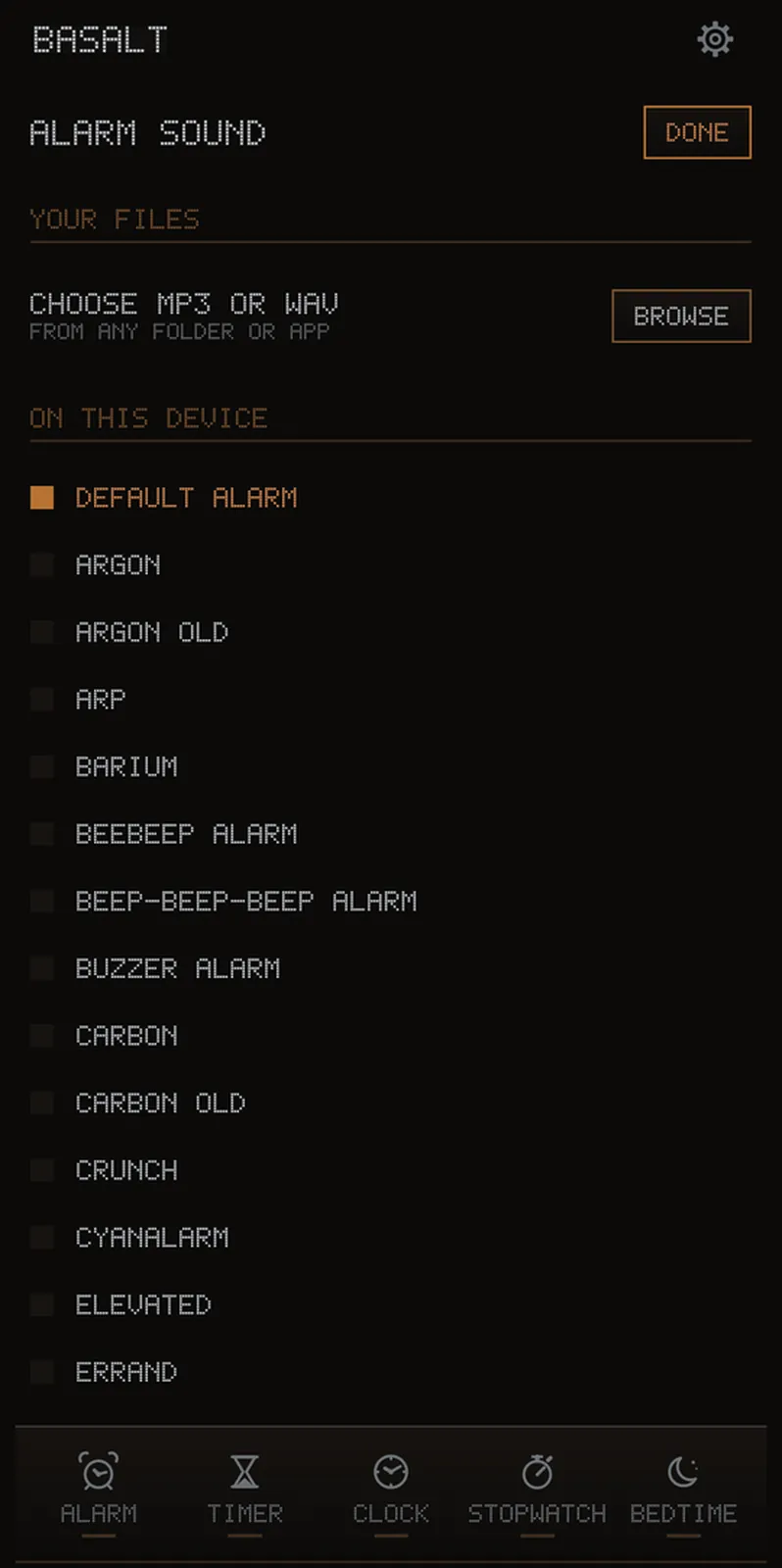 The alarm sound picker listing device tones above a browse button for your own files