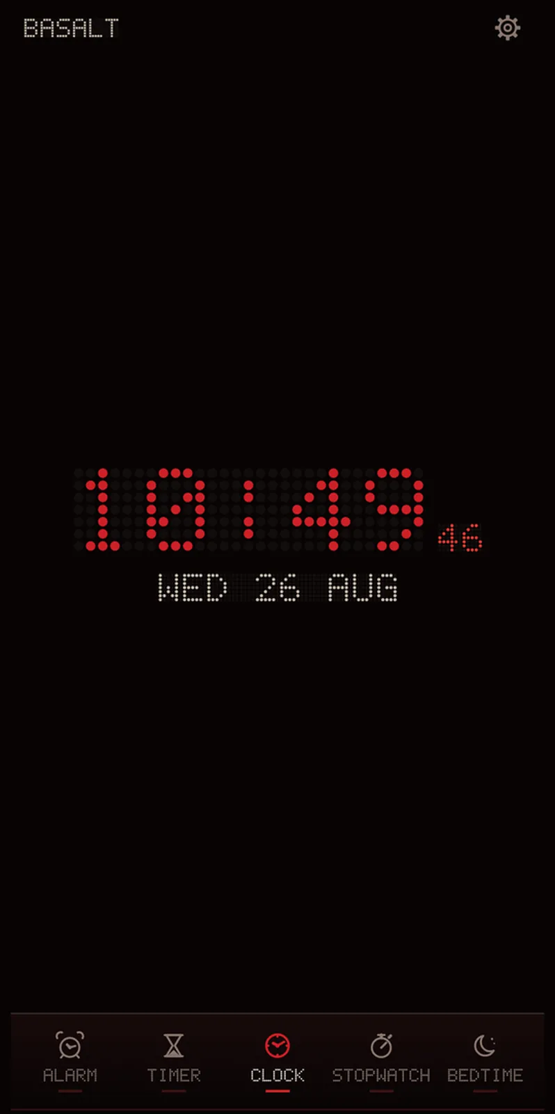 The clock in the BREM palette — blood red on black