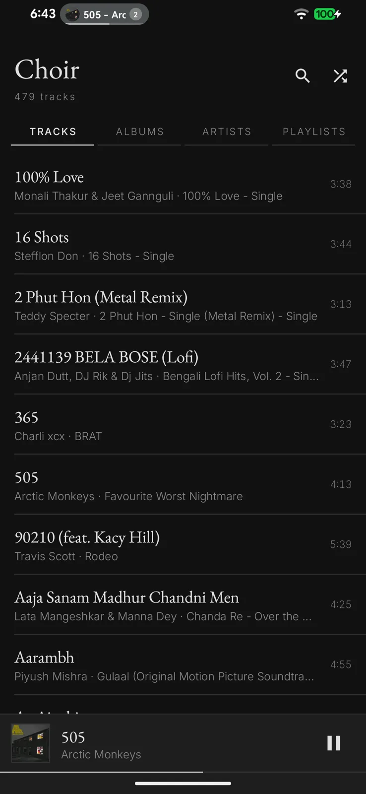 Choir's track list, monochrome, with a mini player at the bottom