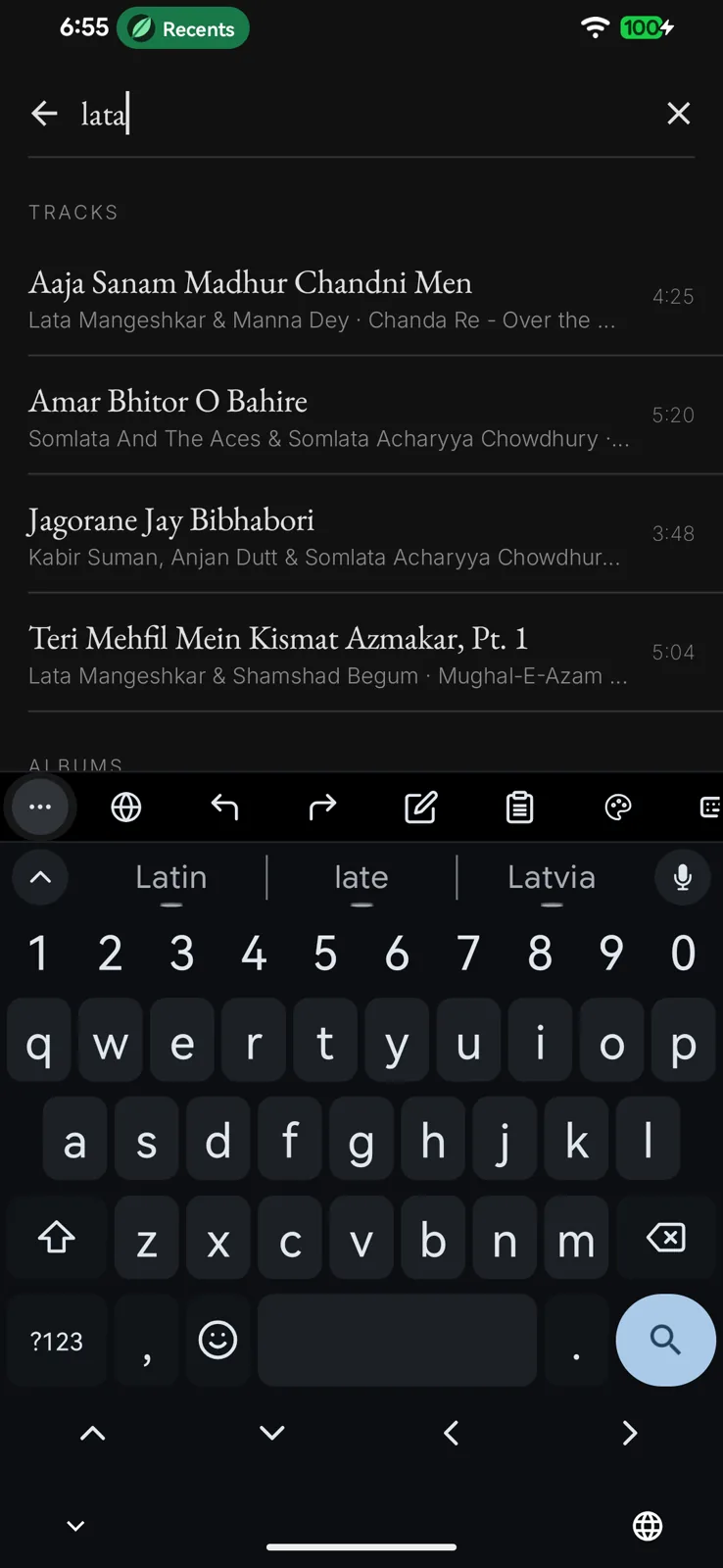 Search filtering across titles, albums and artists as you type