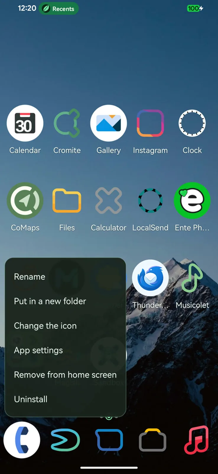 The long-press menu on an app icon