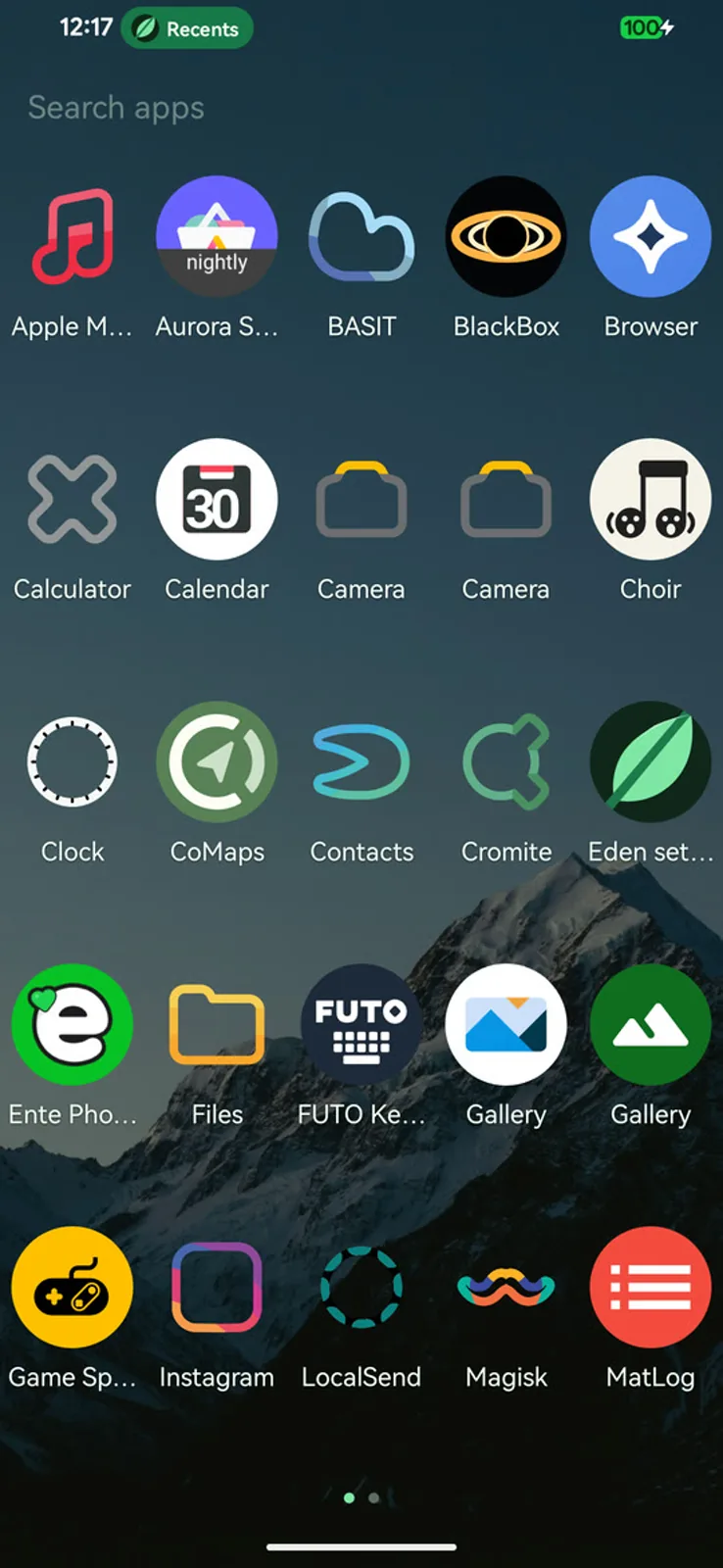 The app drawer as fixed horizontal pages with dots underneath