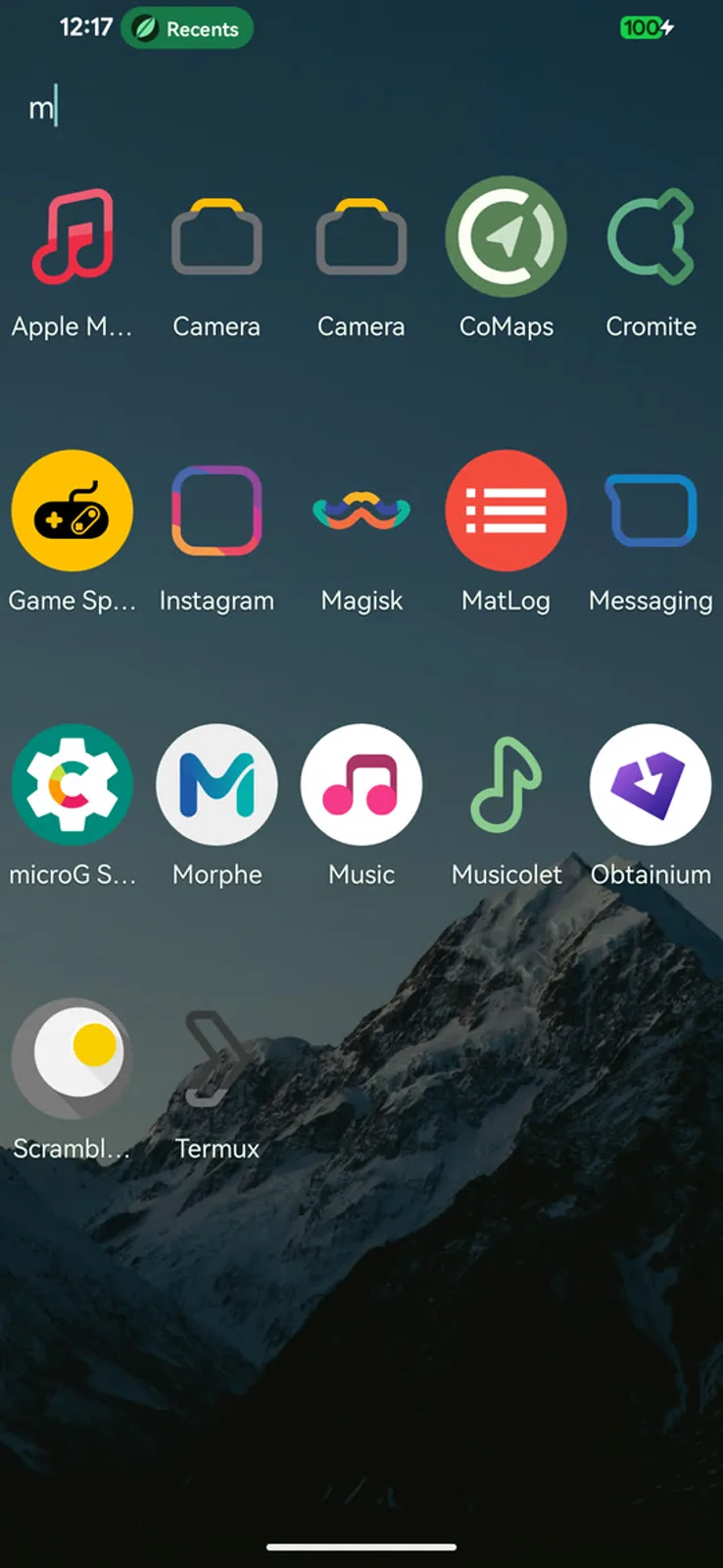 Searching the app drawer, matching anywhere in the name