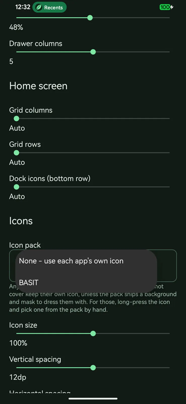 The icon pack chooser listing every installed pack