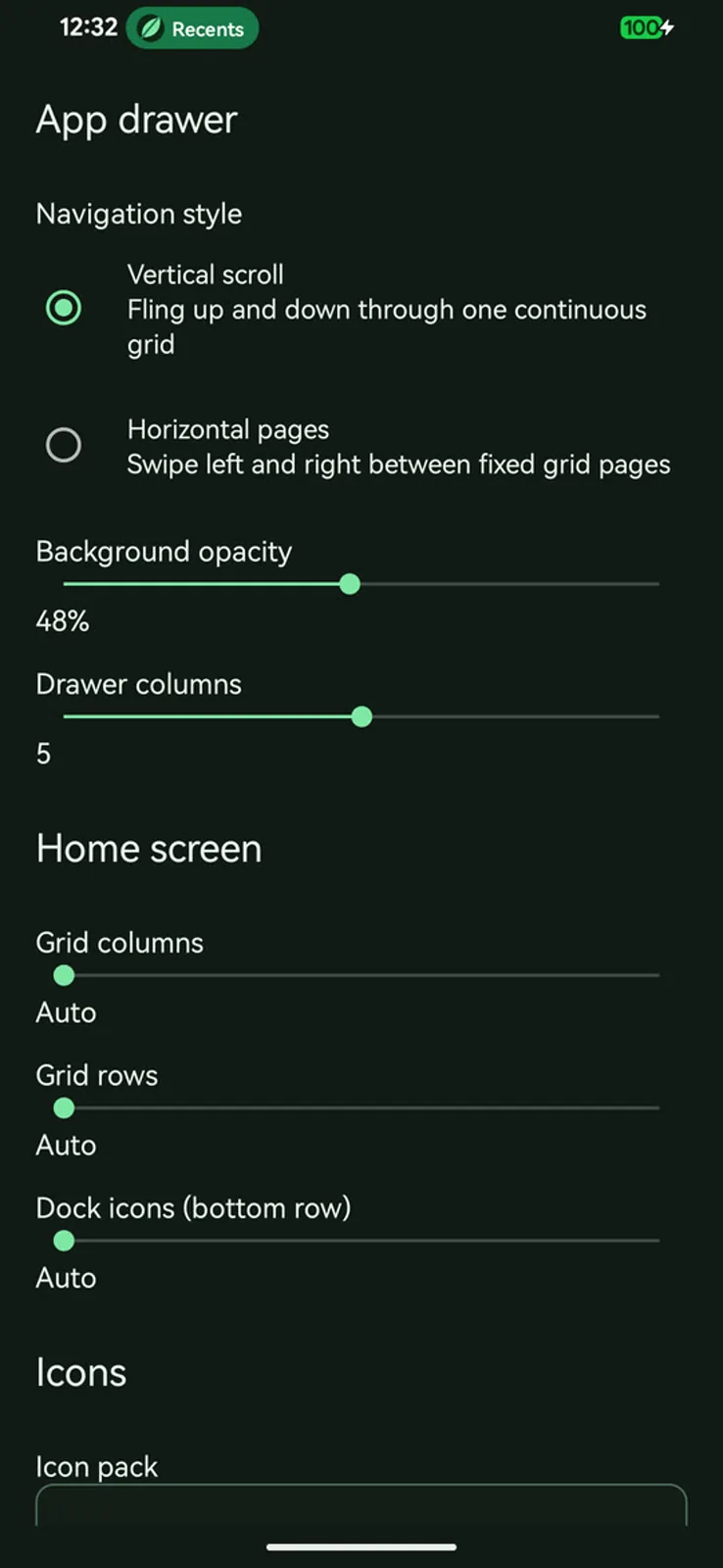 Drawer and home grid settings, each with an Auto option