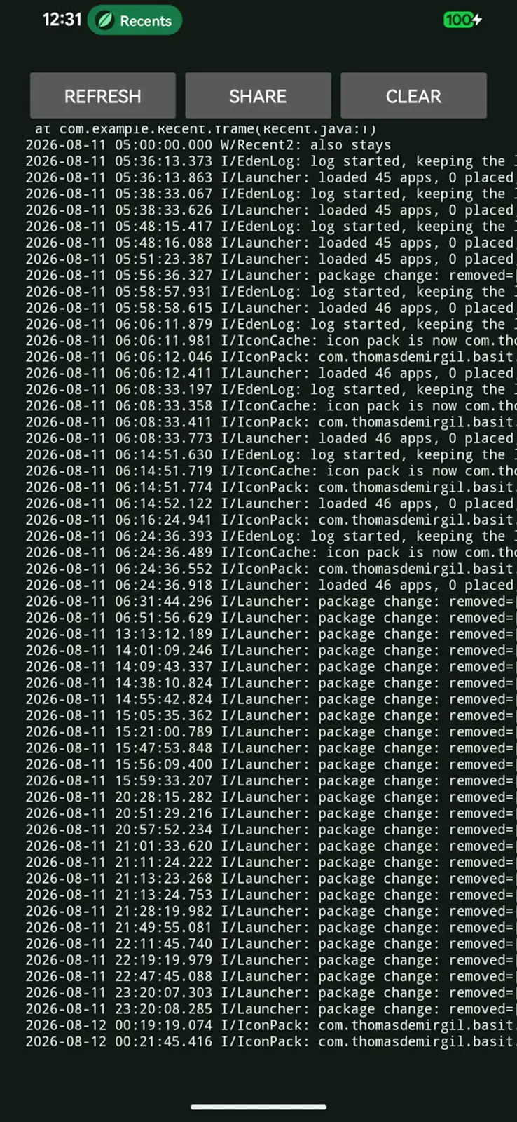 The on-device log, showing the last 48 hours of launcher activity