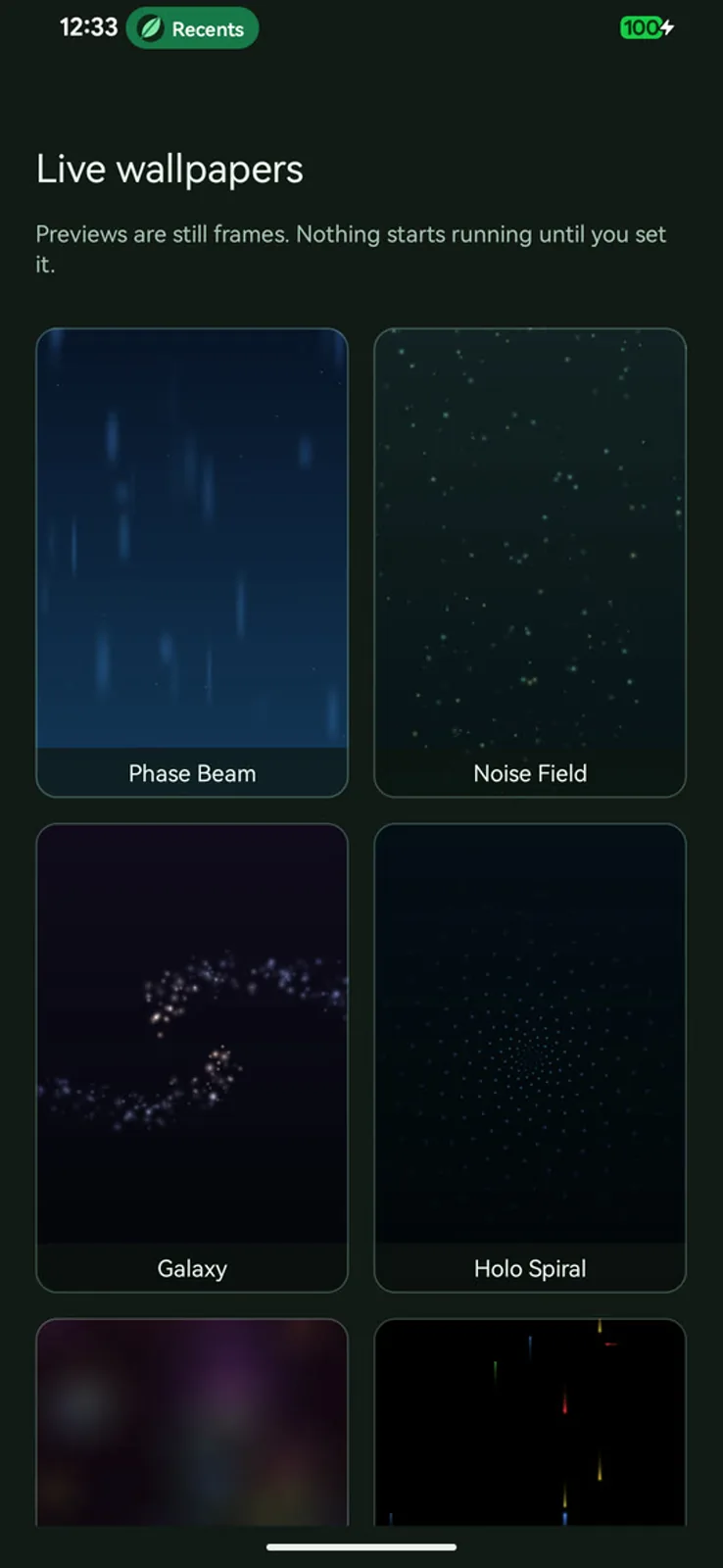 The live wallpaper picker, each tile a still frame