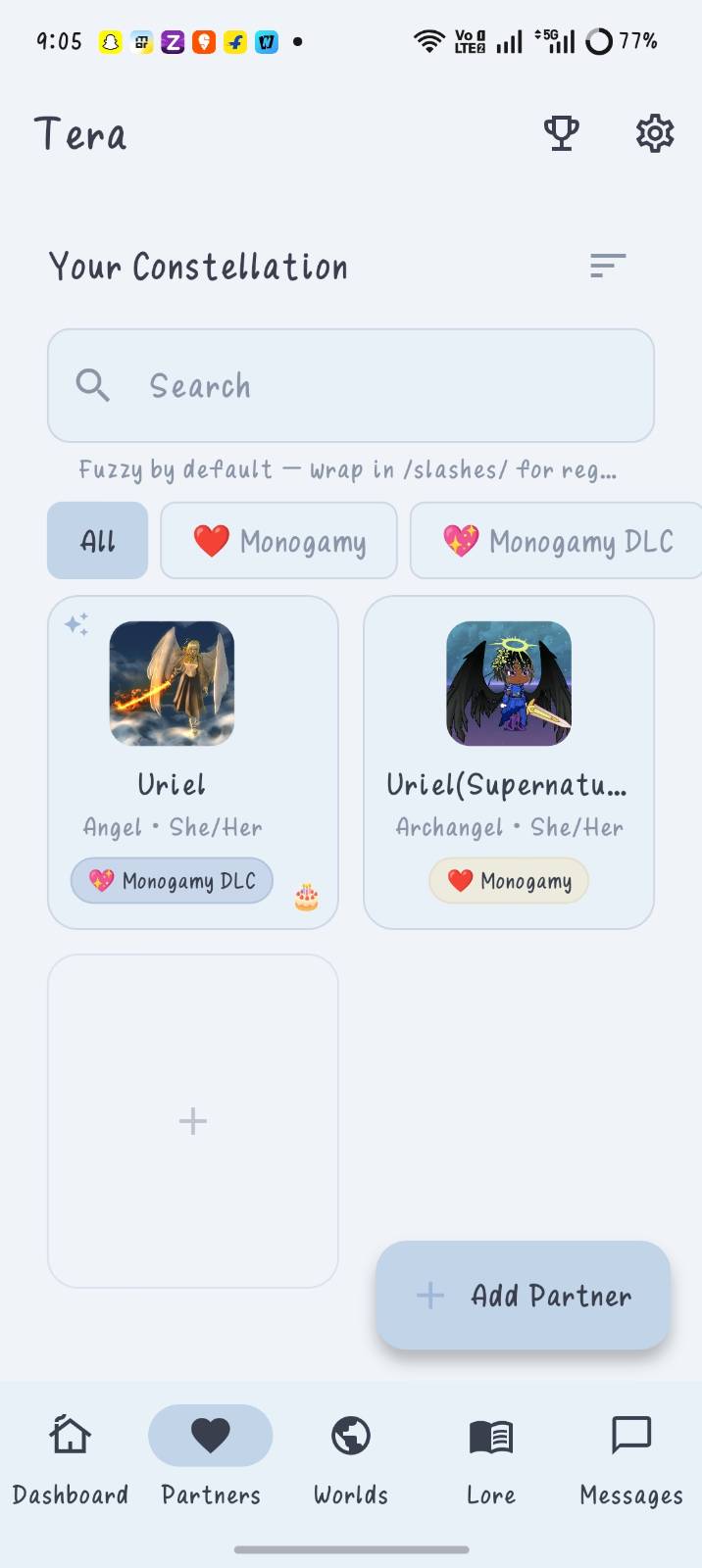 Tera's partner list, titled Your Constellation, with relationship filters