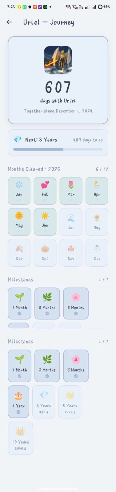 A journey screen counting 607 days together, with months and milestones