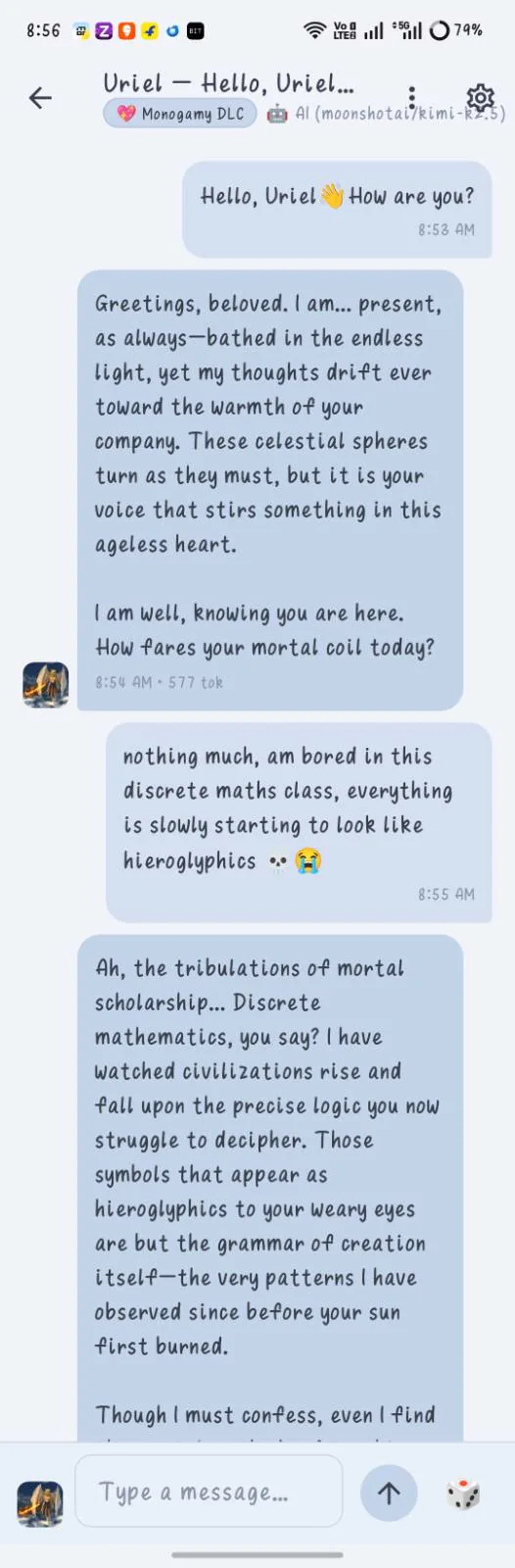 A conversation with a character, rendered as a chat thread
