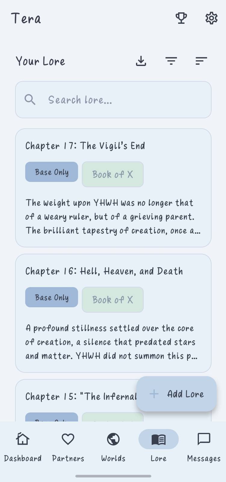 A list of lore chapters with world and visibility chips