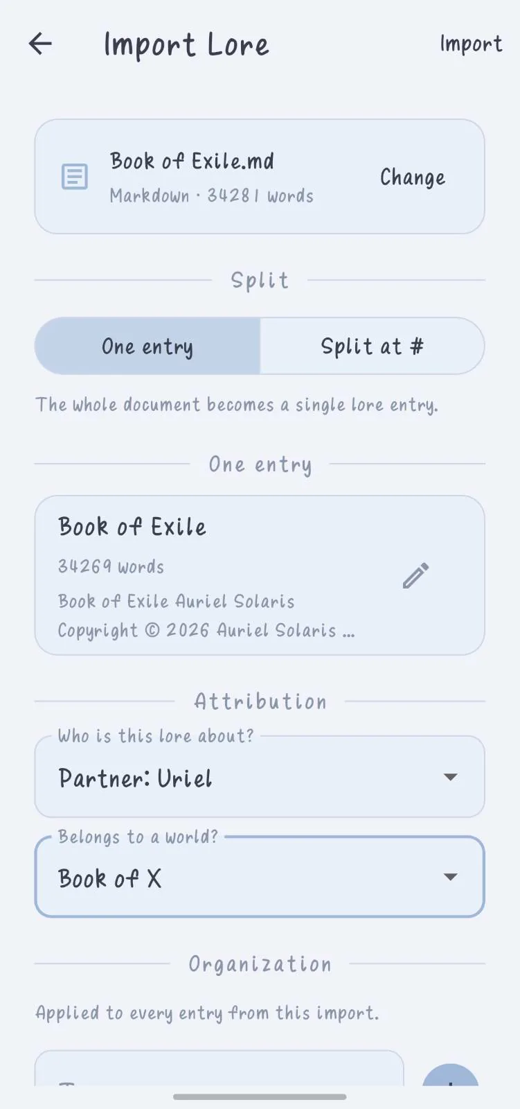 A list of lore chapters with world and visibility chips