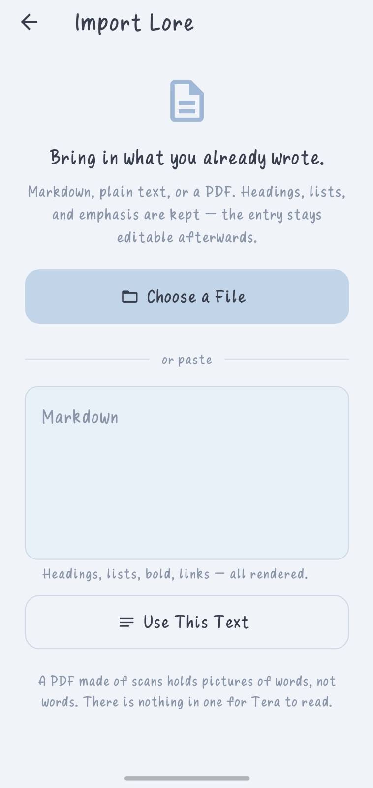 The import lore screen offering a file picker or a paste box