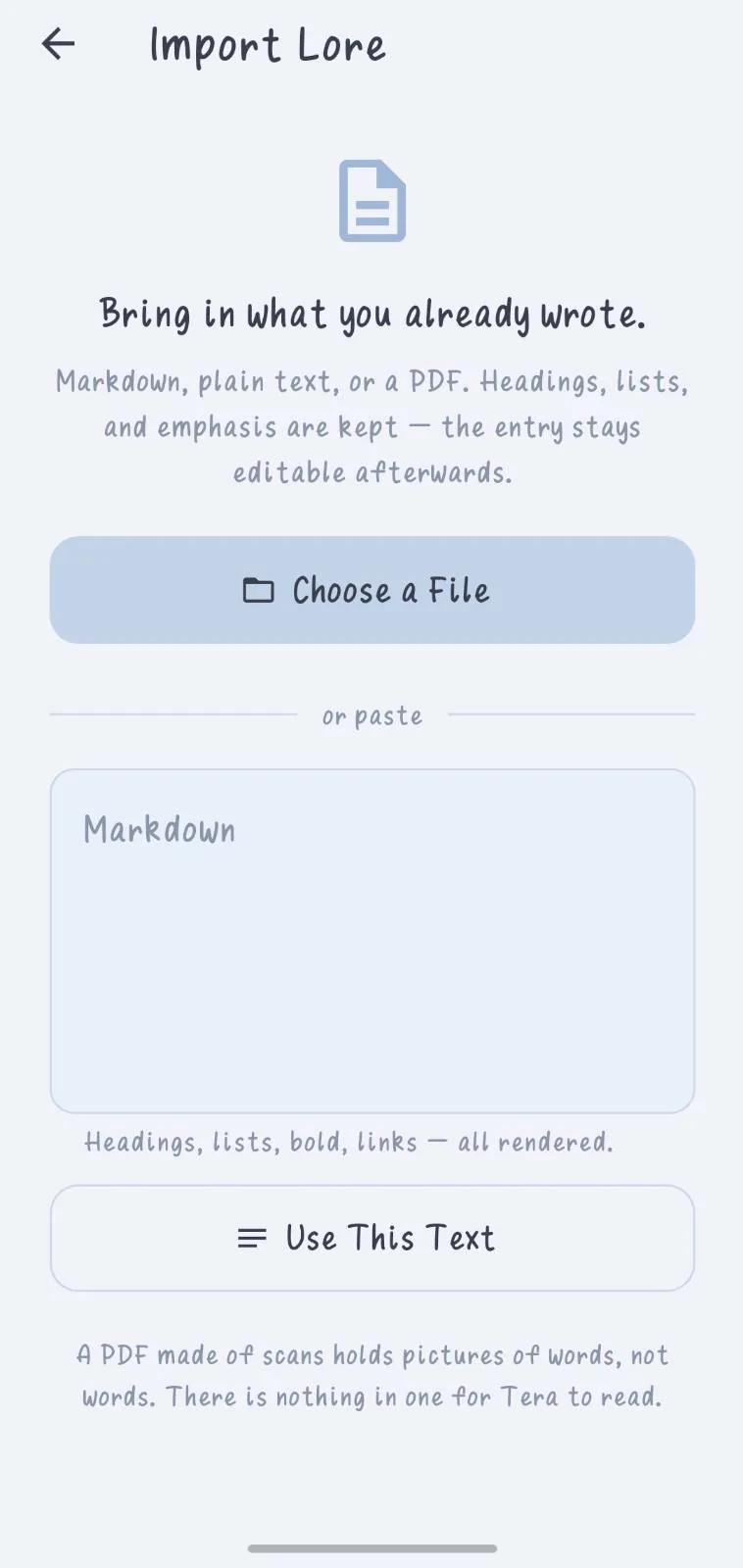 The import lore screen offering a file picker or a paste box