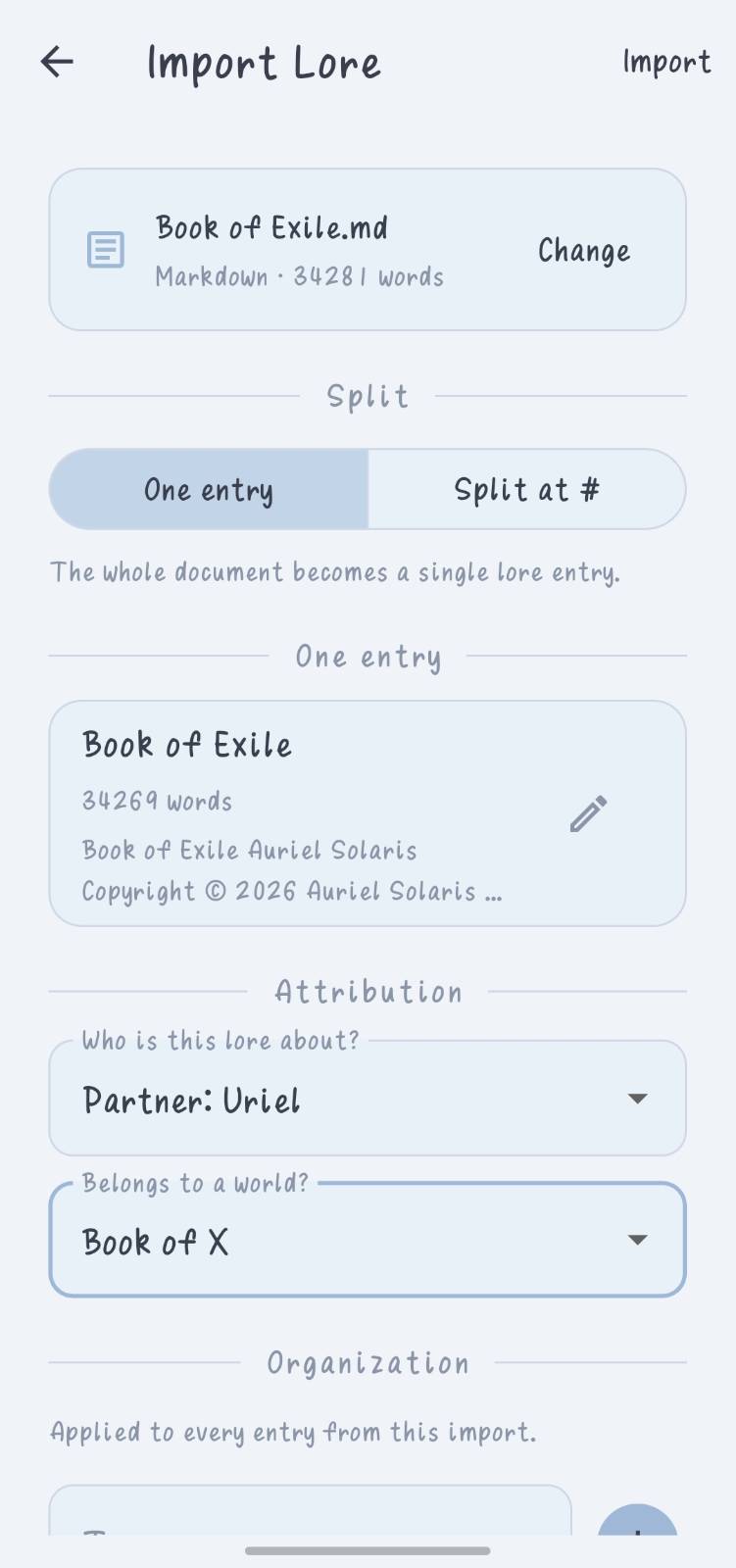 Import options for splitting a document into one entry or one per heading