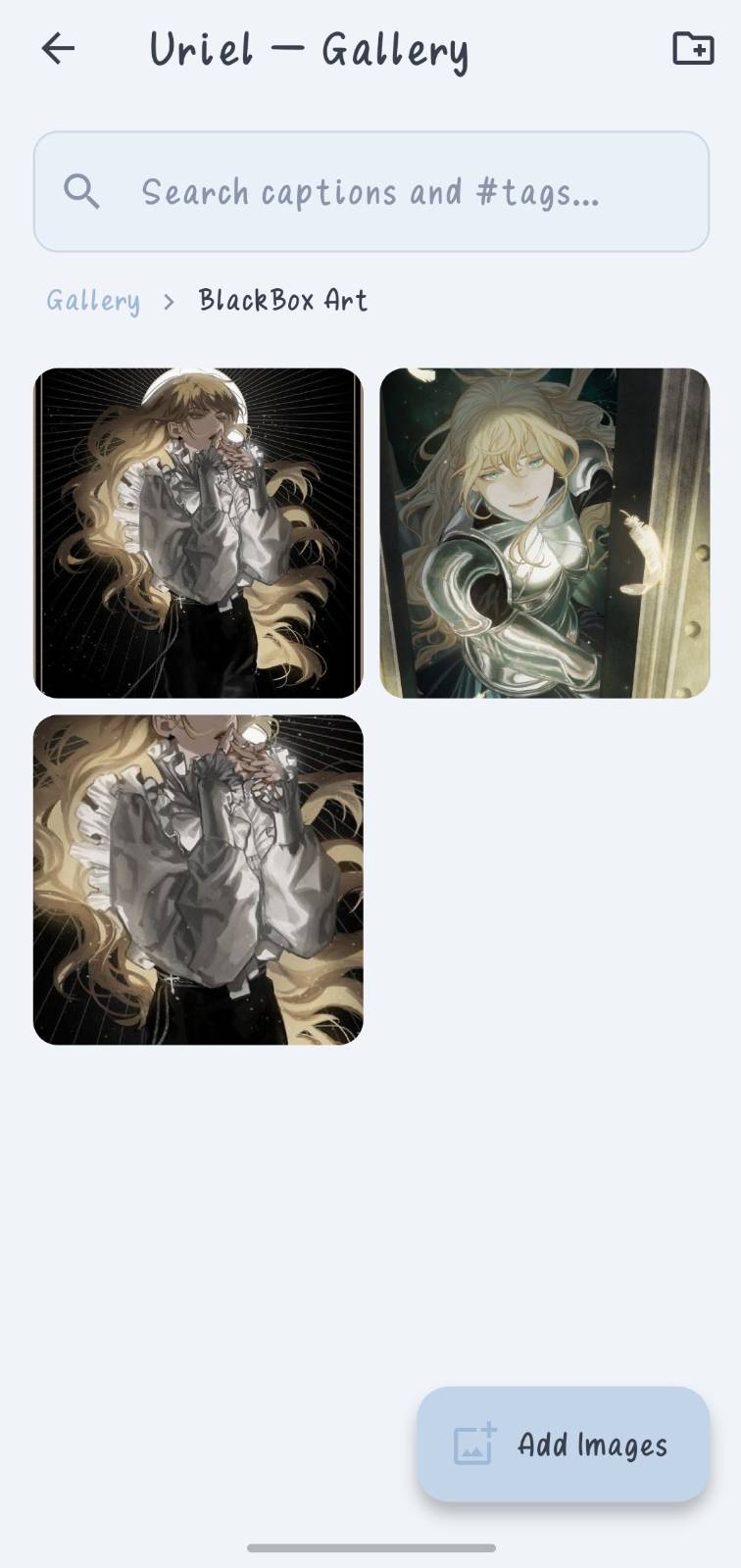 Inside a gallery folder, showing three pieces of artwork