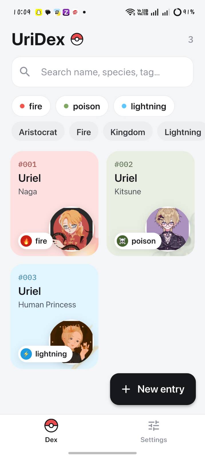 A dex grid of numbered character entries with element filter chips