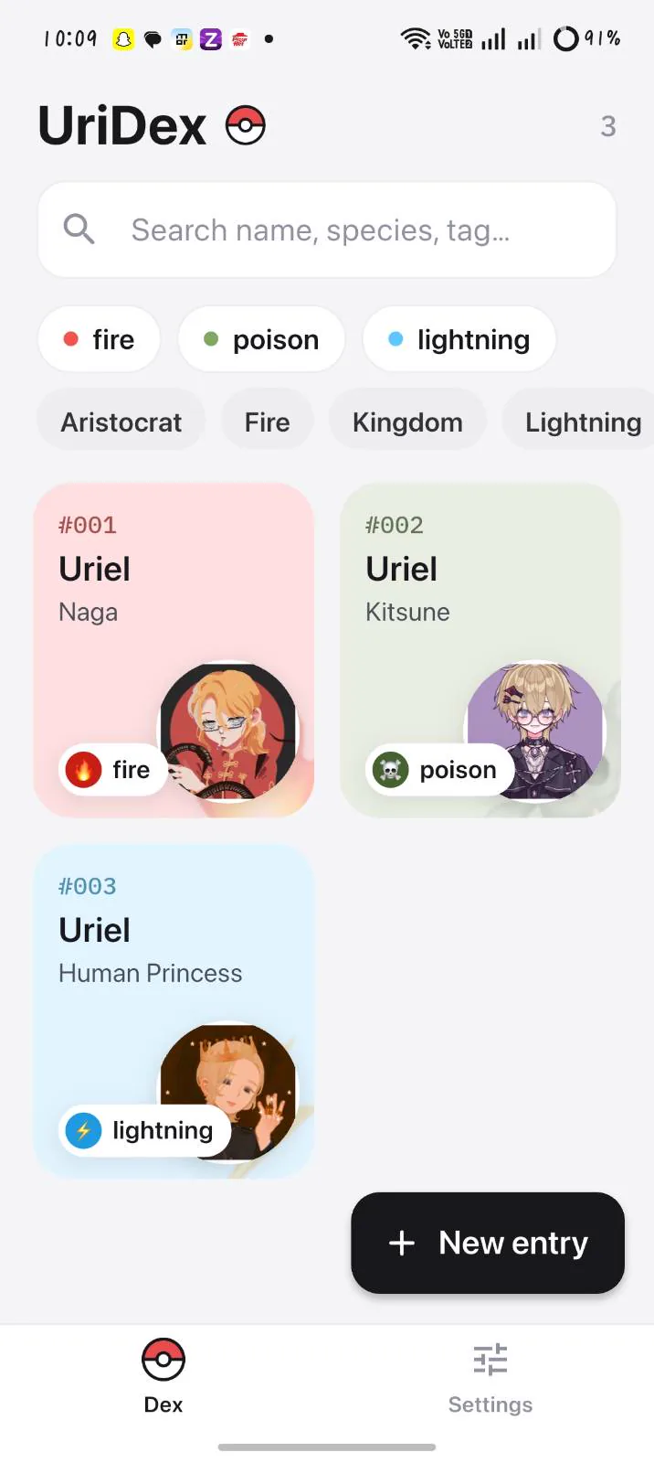 A dex grid of numbered character entries with element filter chips
