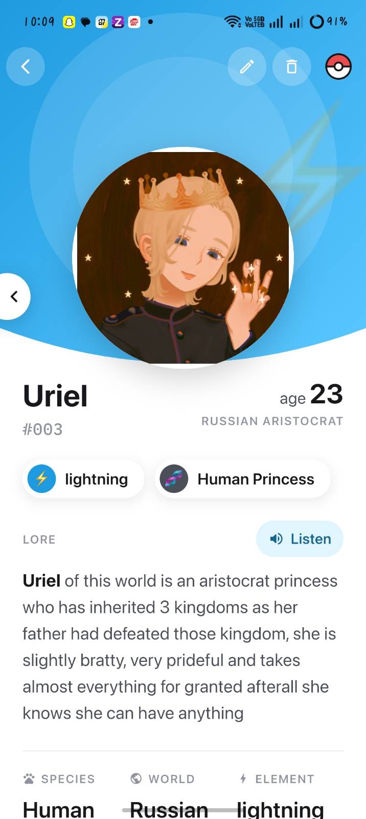 A lightning-element entry showing lore and a Listen button