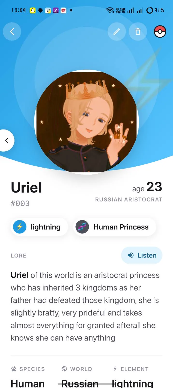 A lightning-element entry showing lore and a Listen button