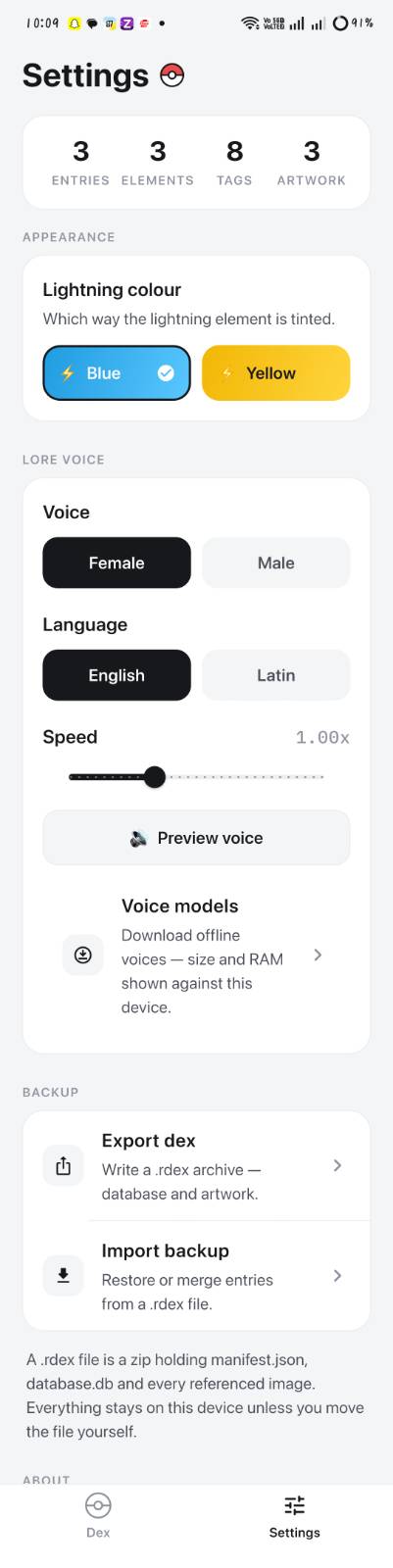 The settings screen with counts, appearance, voice and backup sections