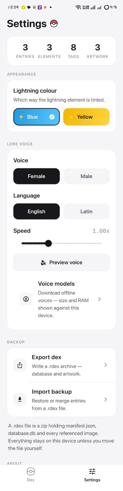 The settings screen with counts, appearance, voice and backup sections