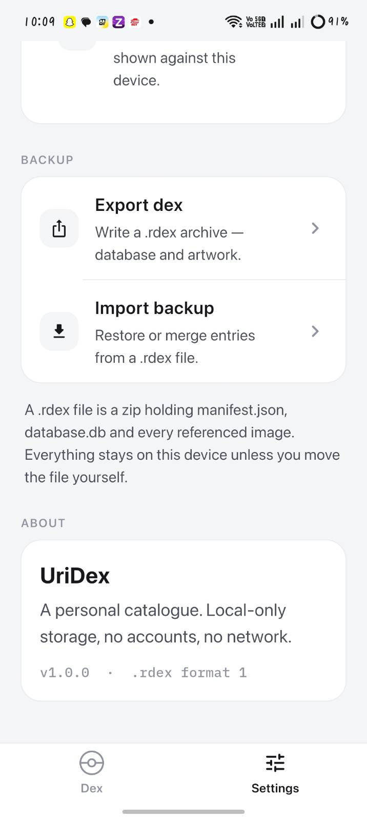 Export and import options for the .rdex backup format