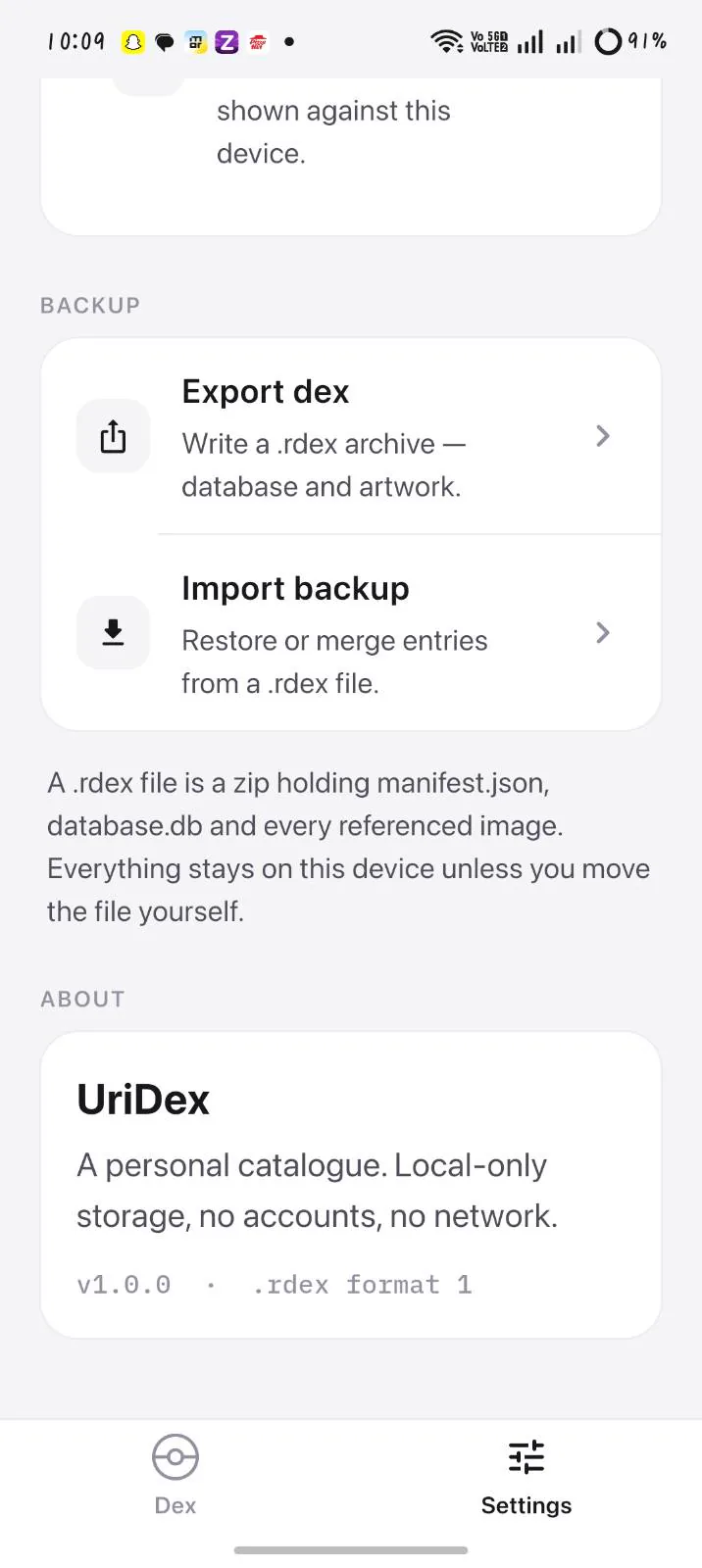 Export and import options for the .rdex backup format