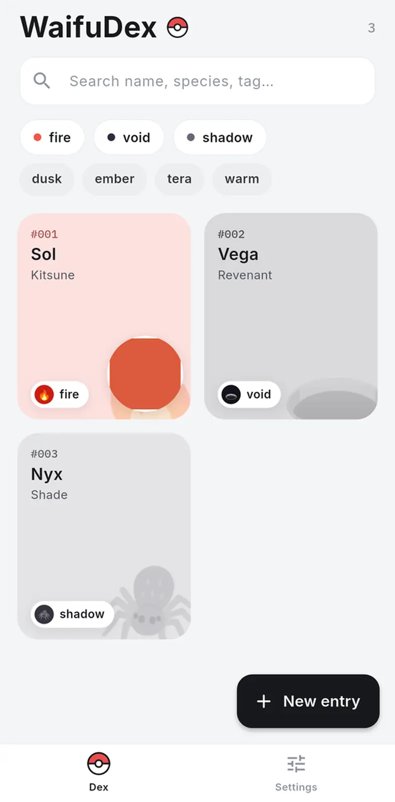 The WaifuDex grid with three numbered entries and a row of tag filters