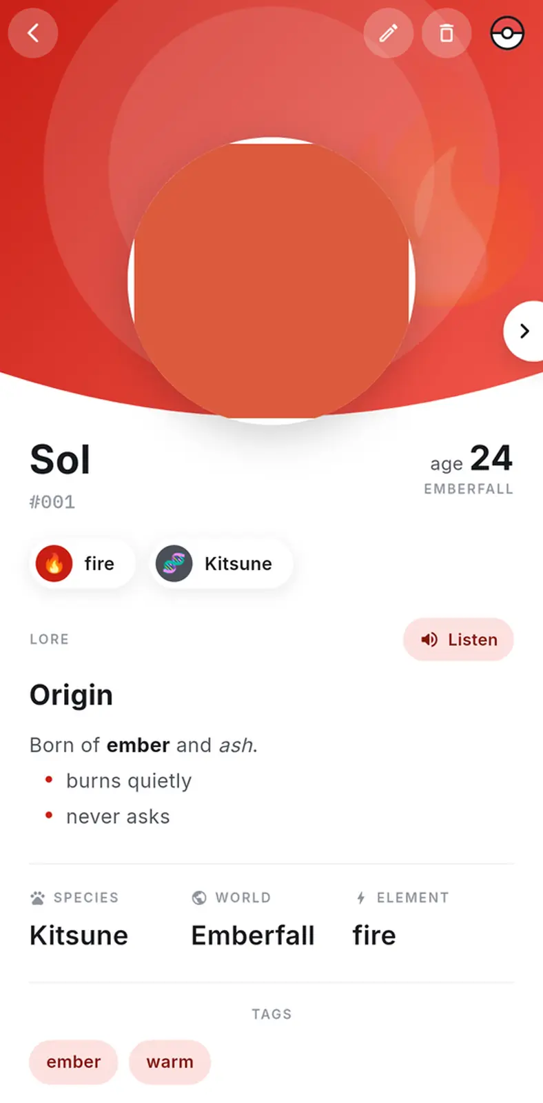 A fire entry, its header and chips tinted red, with Markdown lore below