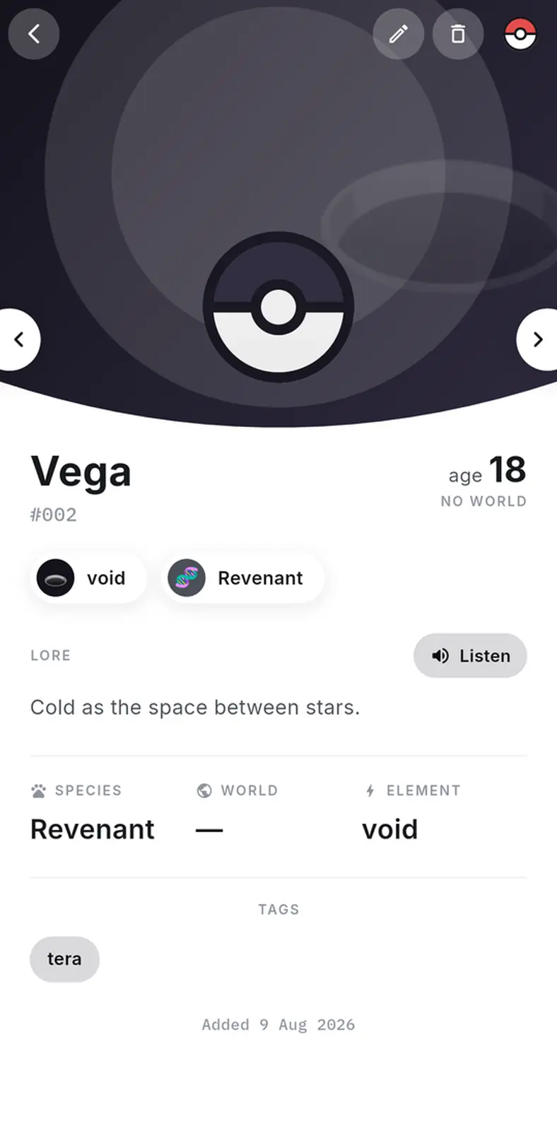 A void entry in near-black, with an em dash where the world would be
