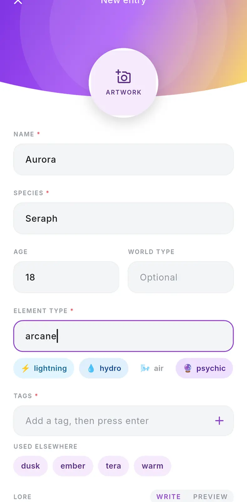 The new entry form with the element field reading arcane and picking up its own purple