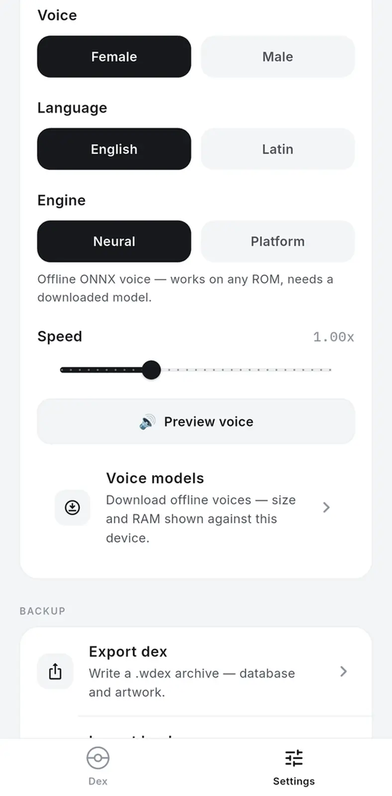 Read-aloud settings: voice, language, engine, and a speed slider
