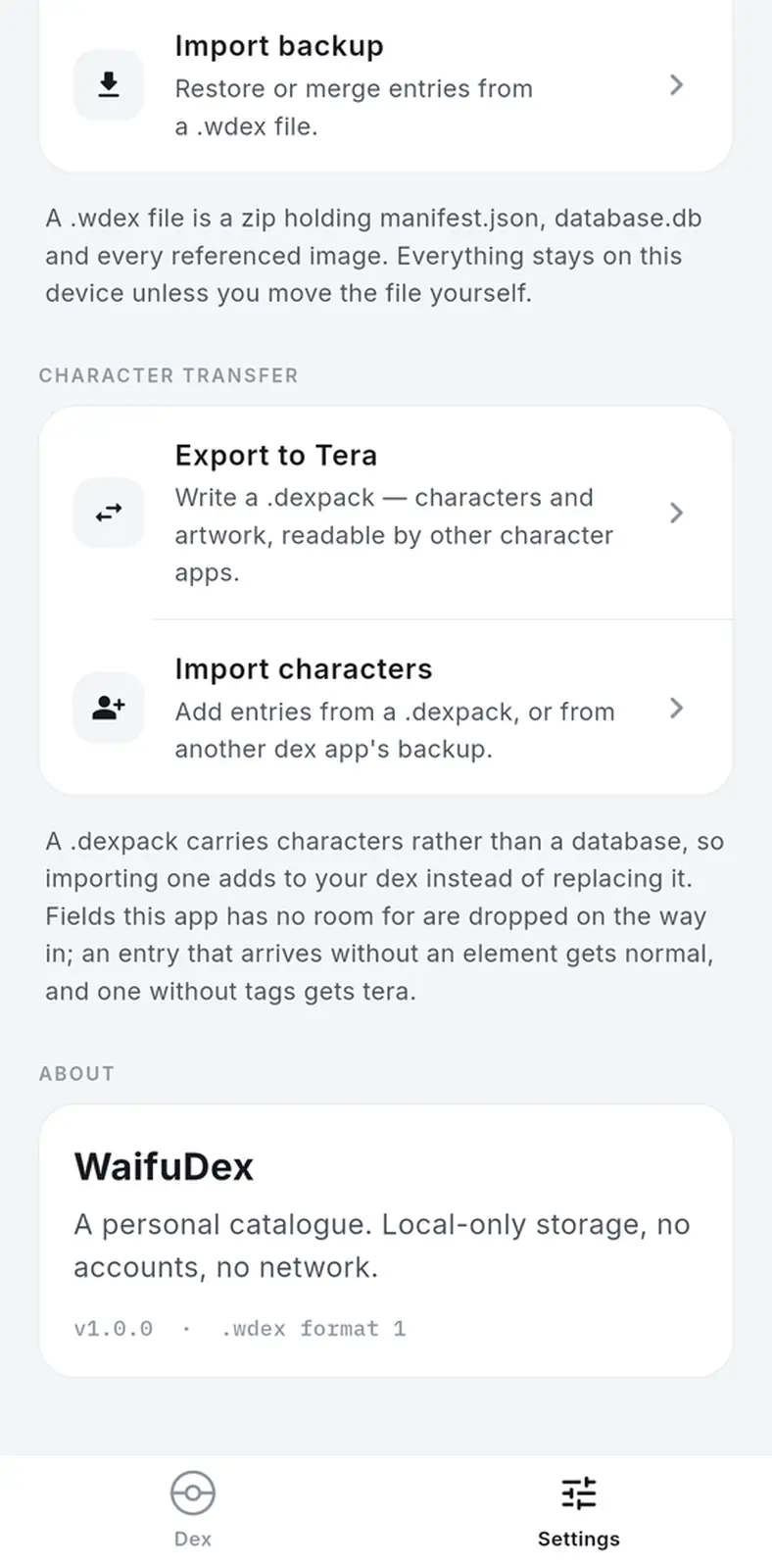 Character transfer settings explaining what a .dexpack carries and what it drops