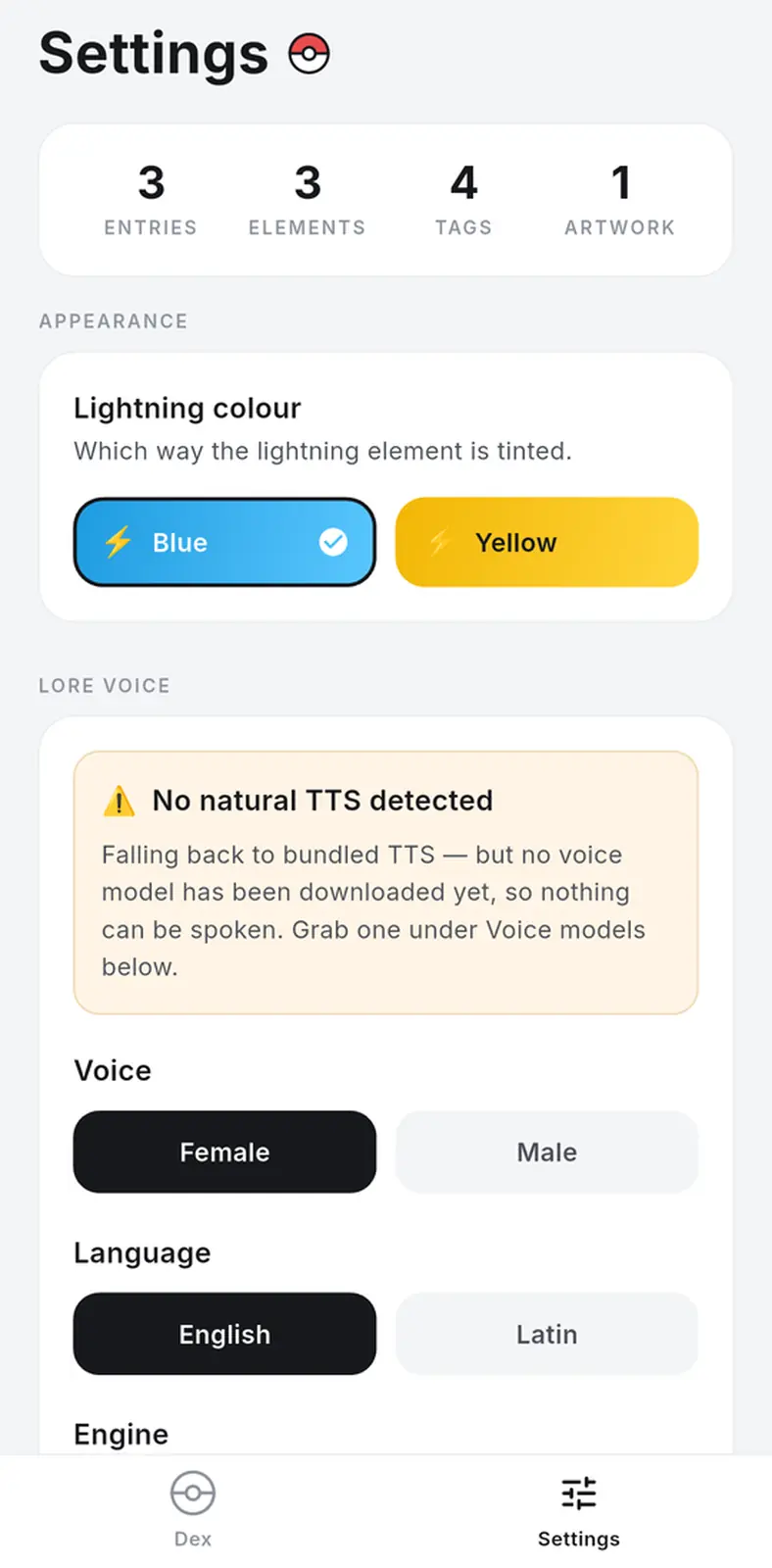Settings with entry counts, the lightning colour choice, and a warning about the device's speech engine